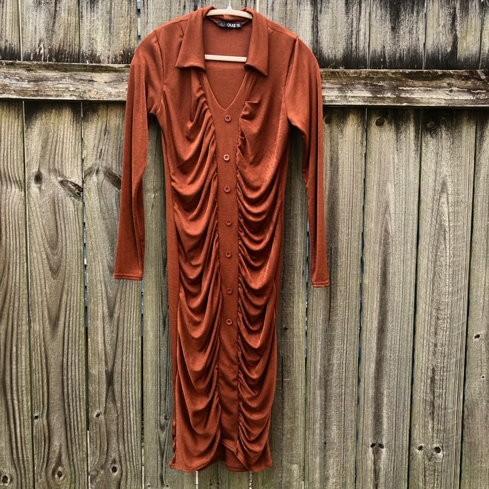 Quiz Ruched Bodycon Slinky Midi Dress Rust Brown Size 8 Long Sleeves